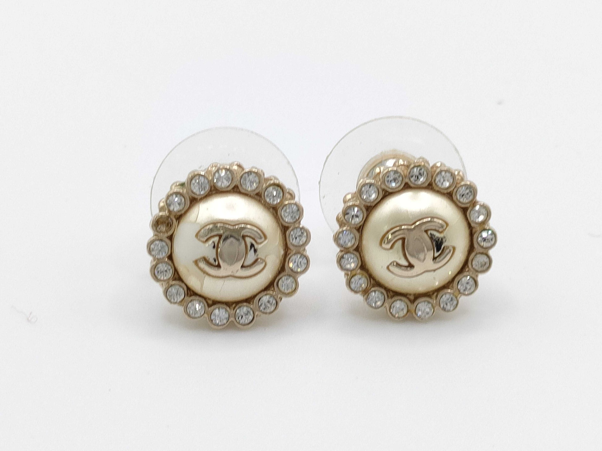 CHANEL Faux Pearl Earrings with Rhinestones