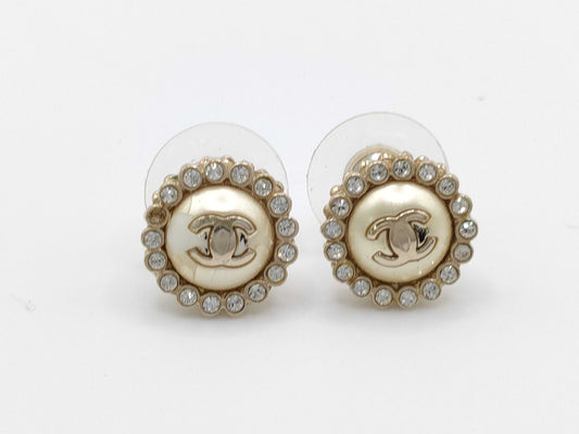 CHANEL Faux Pearl Earrings with Rhinestones