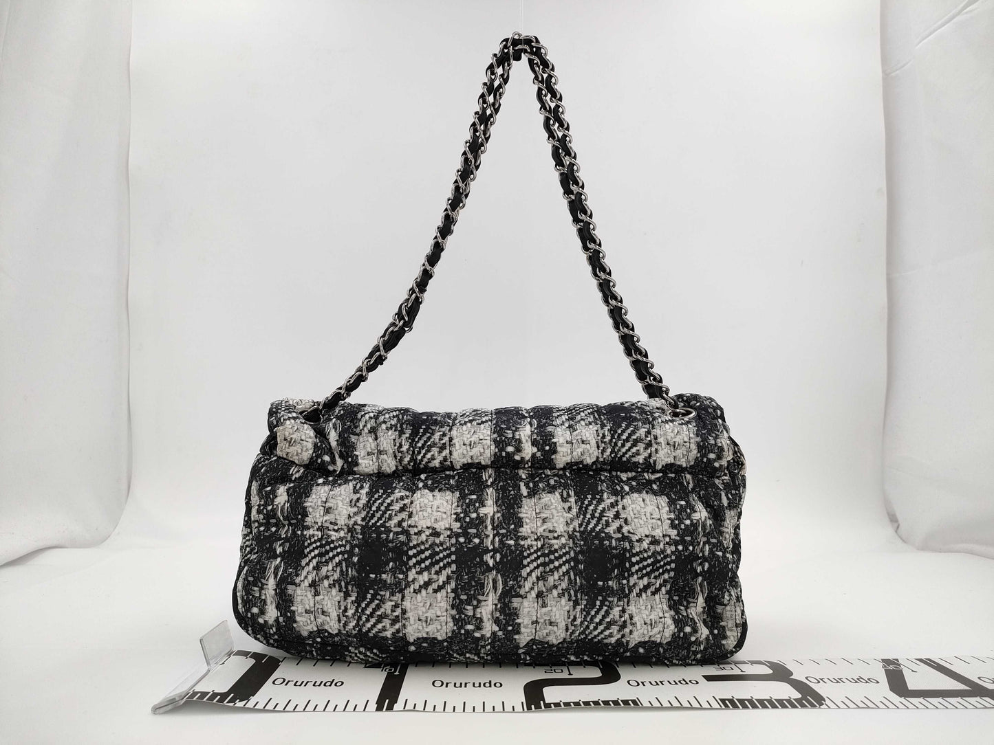 CHANEL Tweed Print Nylon Double Chain Shoulder Bag with Pouch