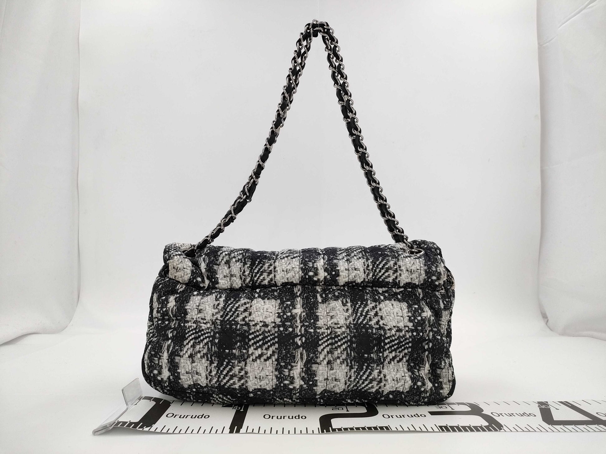 CHANEL Tweed Print Nylon Double Chain Shoulder Bag with Pouch