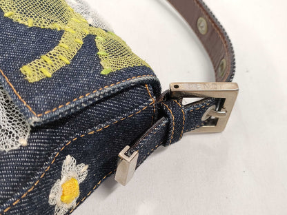 FENDI Mamma Bucket One-Shoulder Bag in Lace and Denim with Floral Embroidery