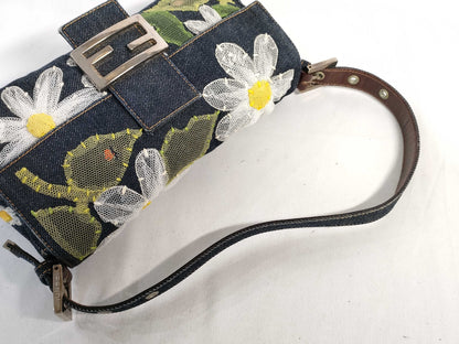 FENDI Mamma Bucket One-Shoulder Bag in Lace and Denim with Floral Embroidery