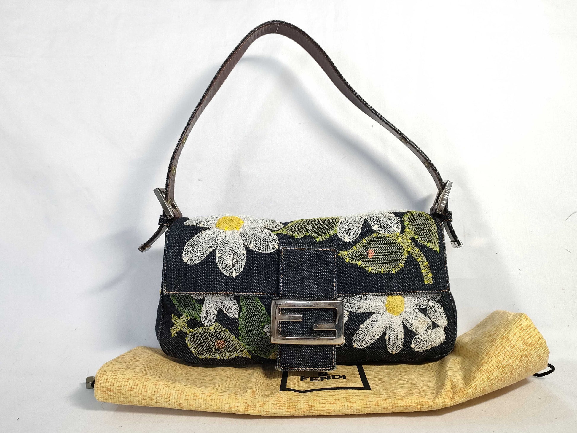 FENDI Mamma Bucket One-Shoulder Bag in Lace and Denim with Floral Embroidery