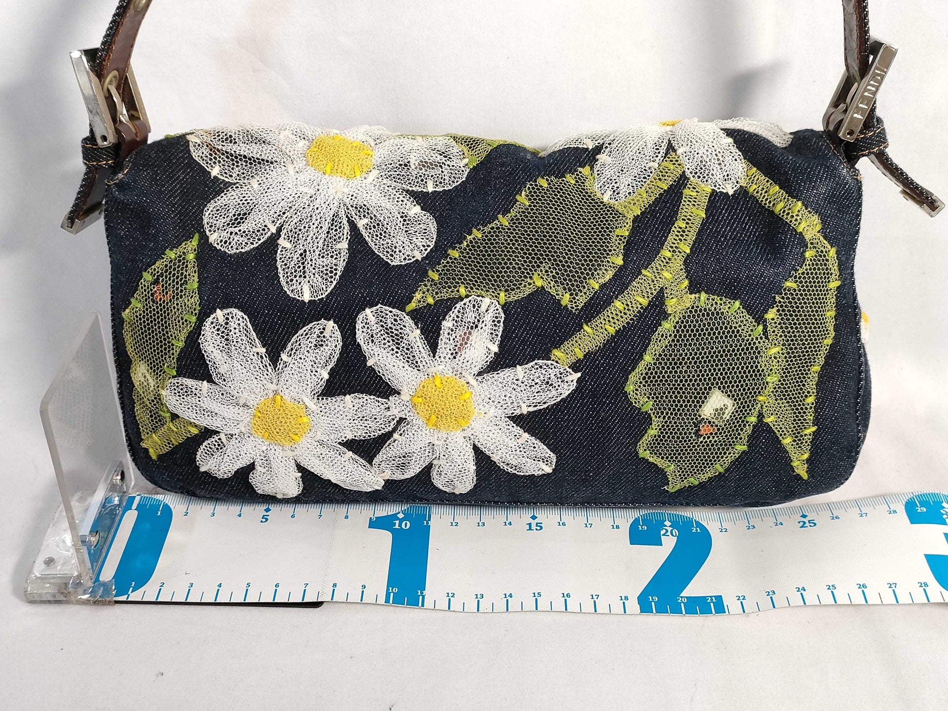 FENDI Mamma Bucket One-Shoulder Bag in Lace and Denim with Floral Embroidery