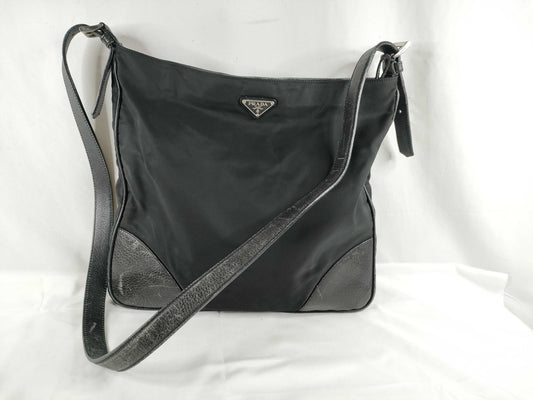 PRADA Nylon Prada Shoulder Bag with Leather Strap, Black