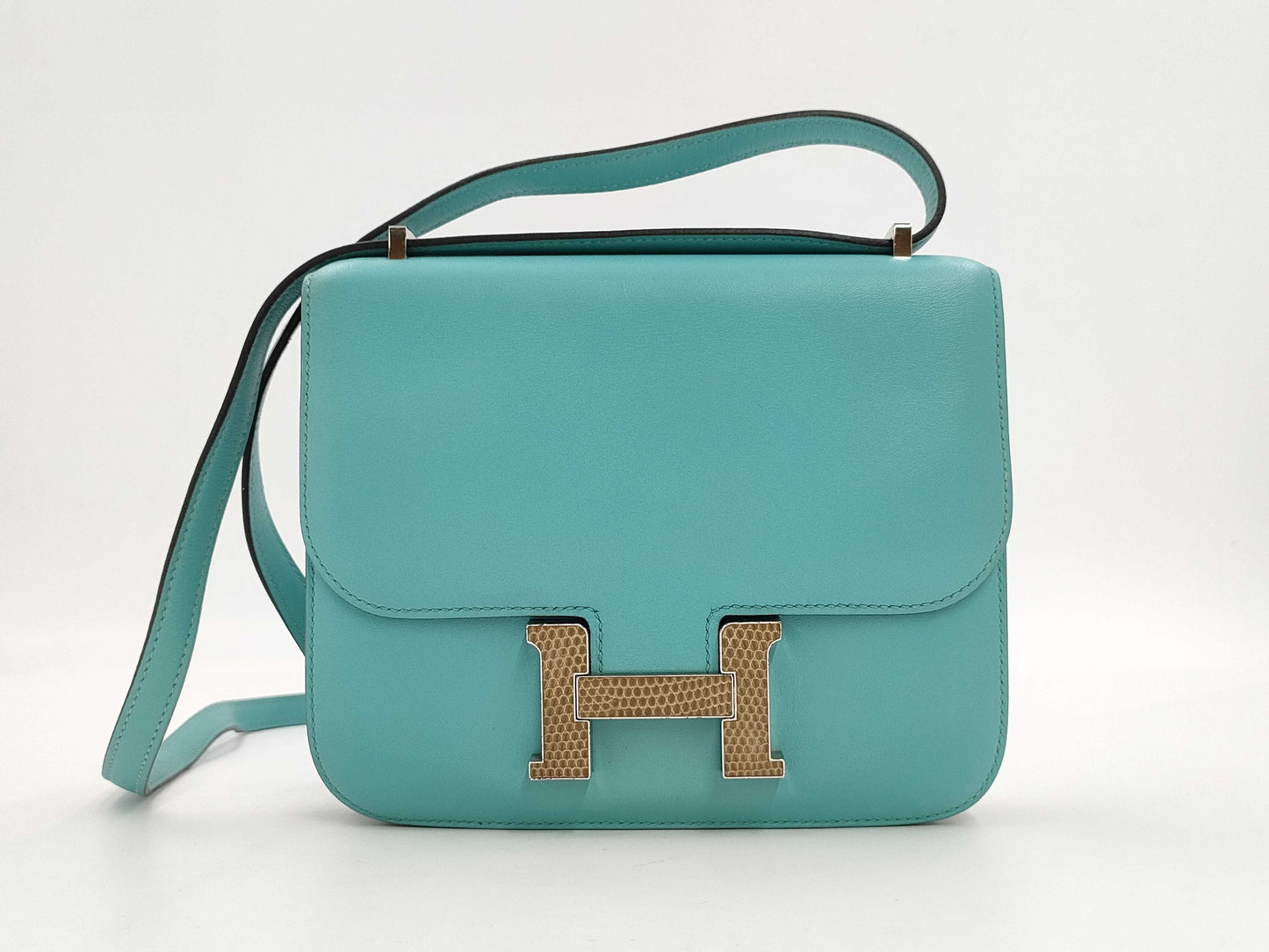 HERMES Constance Mini Lizard Engraved T Blue Tall Shoulder Bag