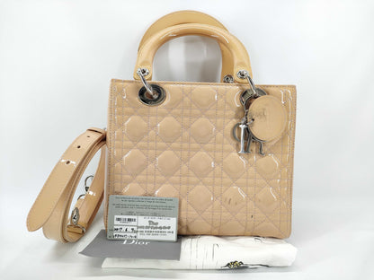 Dior DIOR/Christian Dior Lady Dior Medium Bag Handbag VRB44551/414 Pink Beige Enamel Handbag