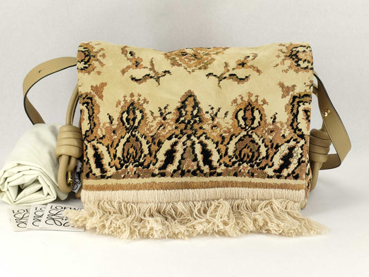 LOEWE Flamenco Knot Fringe Trim Tapestry Bag Shoulder Bag Suede, Leather, and Linen Shoulder Bag