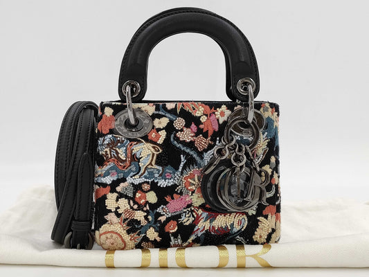 Dior Lady Dior Embroidered Beaded 2-Way Handbag Black Shoulder Bag