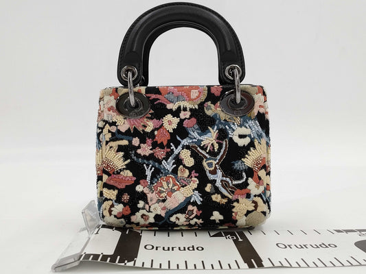 Dior Lady Dior Embroidered Beaded 2-Way Handbag Black Shoulder Bag
