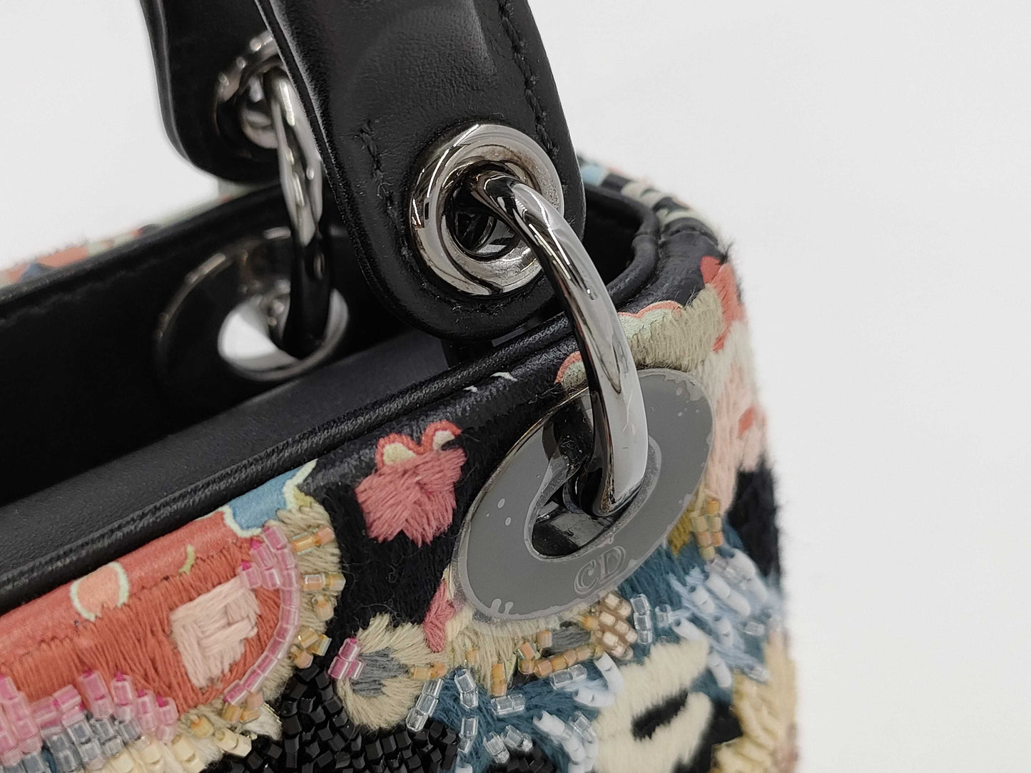 Dior Lady Dior Embroidered Beaded 2-Way Handbag Black Shoulder Bag