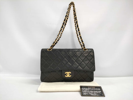 CHANEL Matelasse Lambskin Double Flap Double Chain Shoulder Bag, Black, G Hardware, No. 2 [Card Included] W-Flap Shoulder Bag