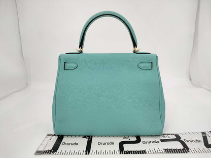 HERMES Kelly 28 Togo Blue Atoll Handbag with GD Hardware and T Stamp