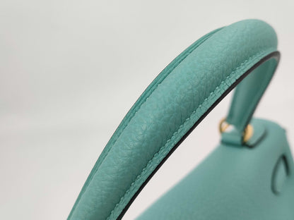 HERMES Kelly 28 Togo Blue Atoll Handbag with GD Hardware and T Stamp