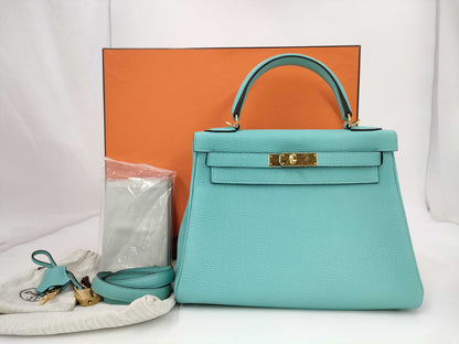 HERMES Kelly 28 Togo Blue Atoll Handbag with GD Hardware and T Stamp