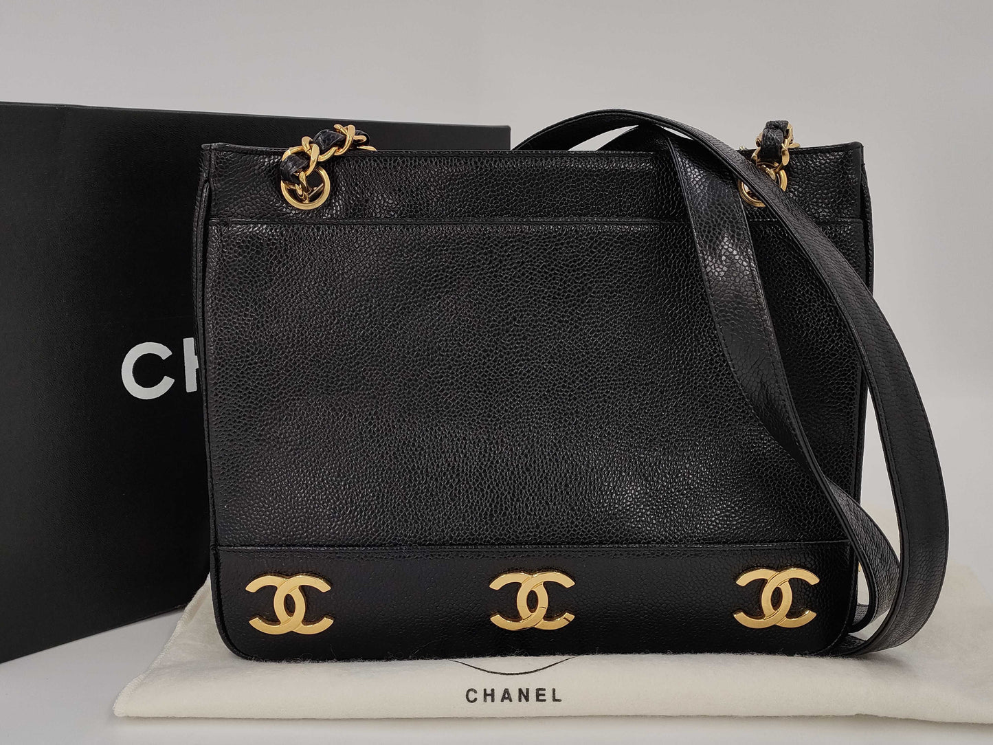 CHANEL Caviar Skin Triple Coco Chain Tote Shoulder Bag with Seal