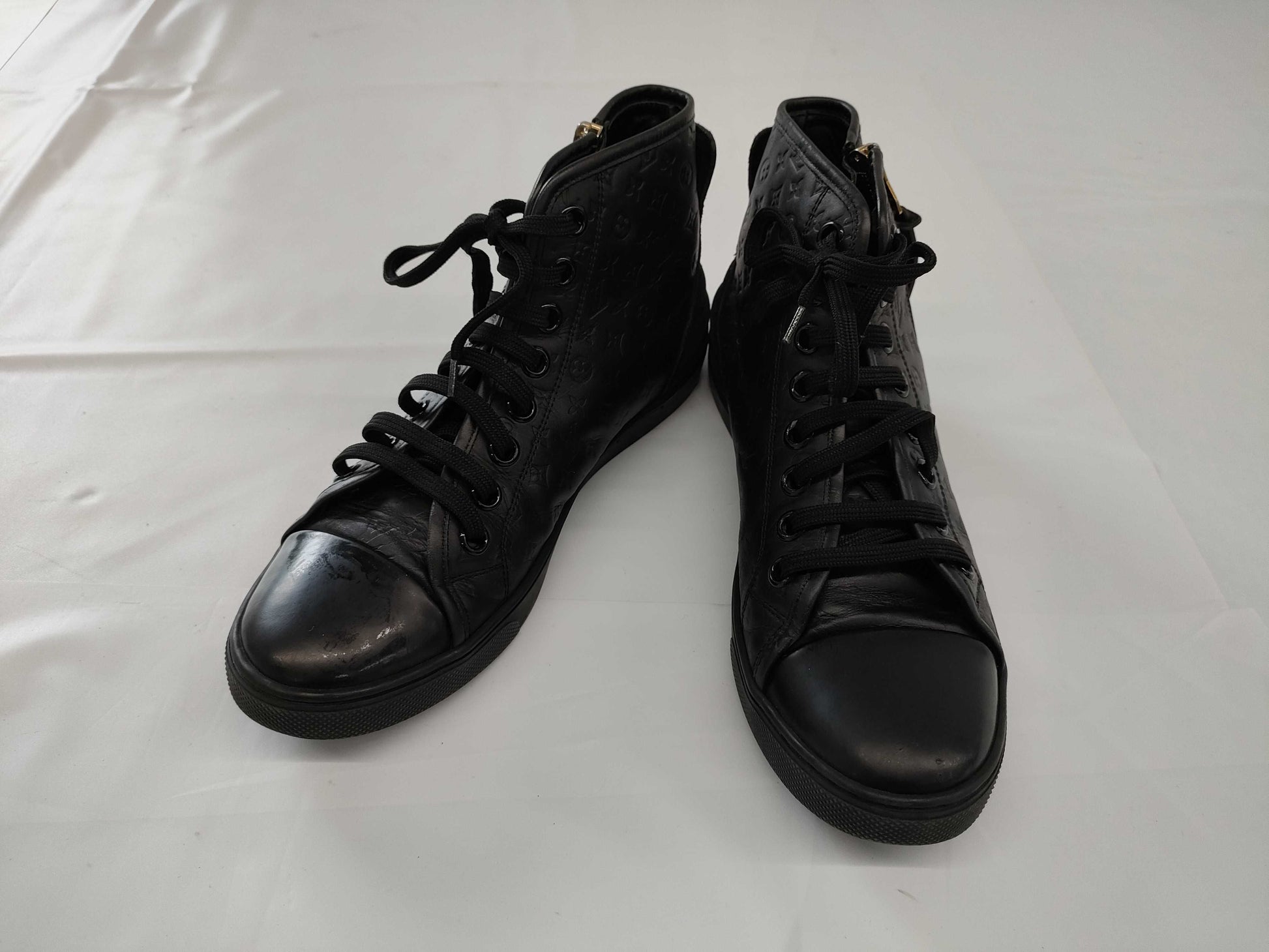 LOUIS VUITTON Monogram Leather High-Top Sneakers in Black, Size 37