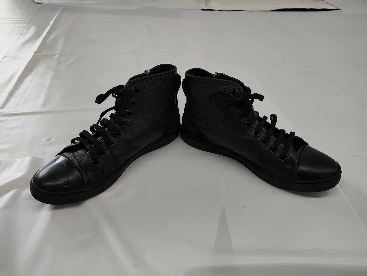 LOUIS VUITTON Monogram Leather High-Top Sneakers in Black, Size 37