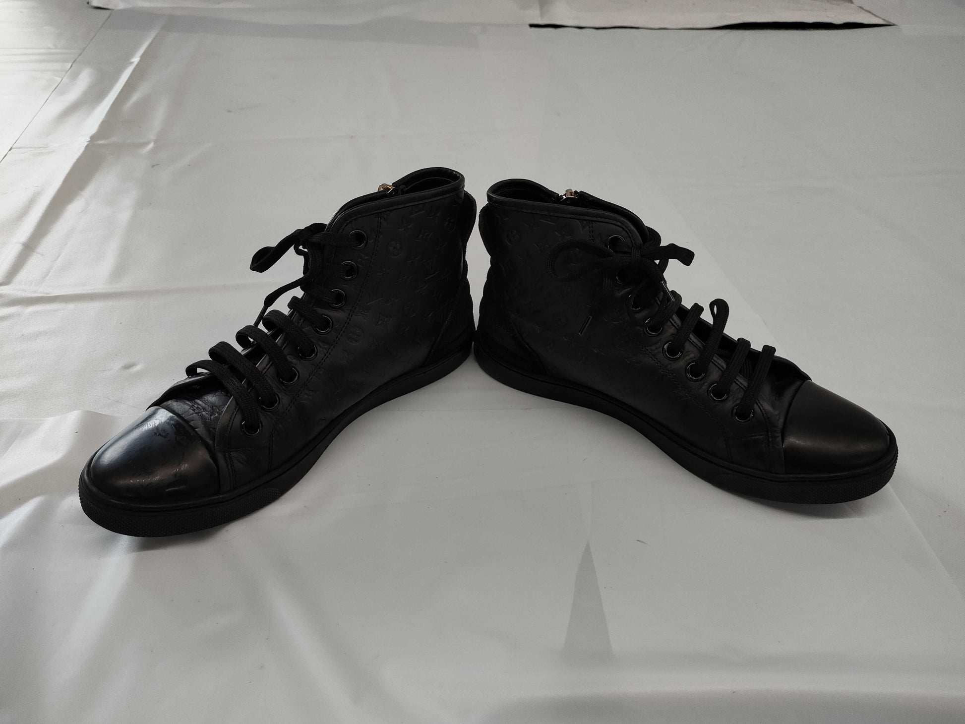 LOUIS VUITTON Monogram Leather High-Top Sneakers in Black, Size 37