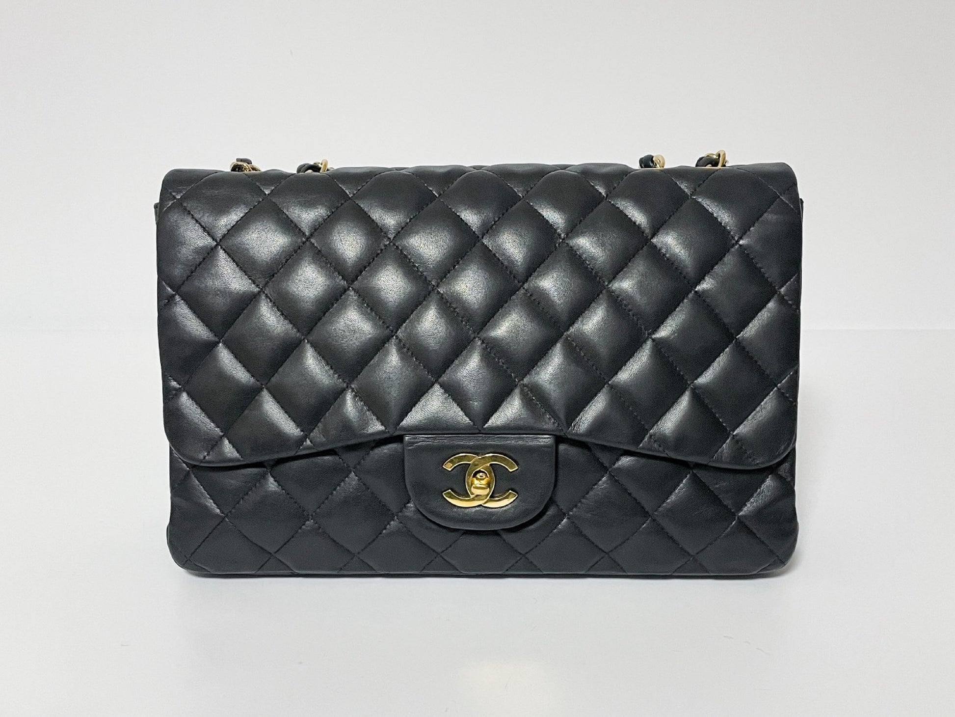 CHANEL Deca Matelasse Black Lambskin Shoulder Bag with Seal