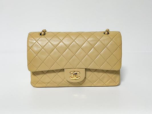 CHANEL Double Flap Matelasse Beige Lambskin Shoulder Bag with Seal