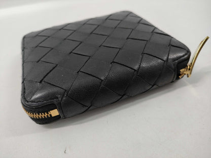 BOTTEGA VENETA Intrecciato Round Zip Bi-fold Wallet in Black Leather