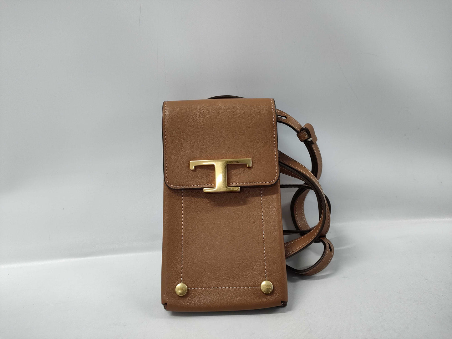 TODS T-Timeless Smartphone Pouch Shoulder Bag in Brown/Gold Leather
