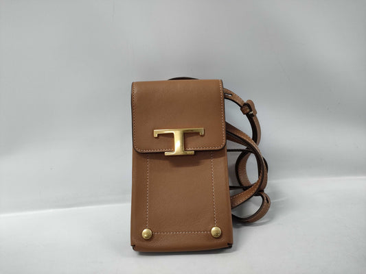 TODS T-Timeless Smartphone Pouch Shoulder Bag in Brown/Gold Leather
