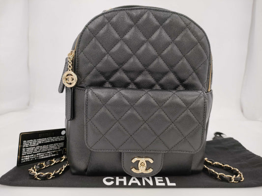 CHANEL Matelasse Backpack in Caviar Leather with Gold Hardware, Size 26