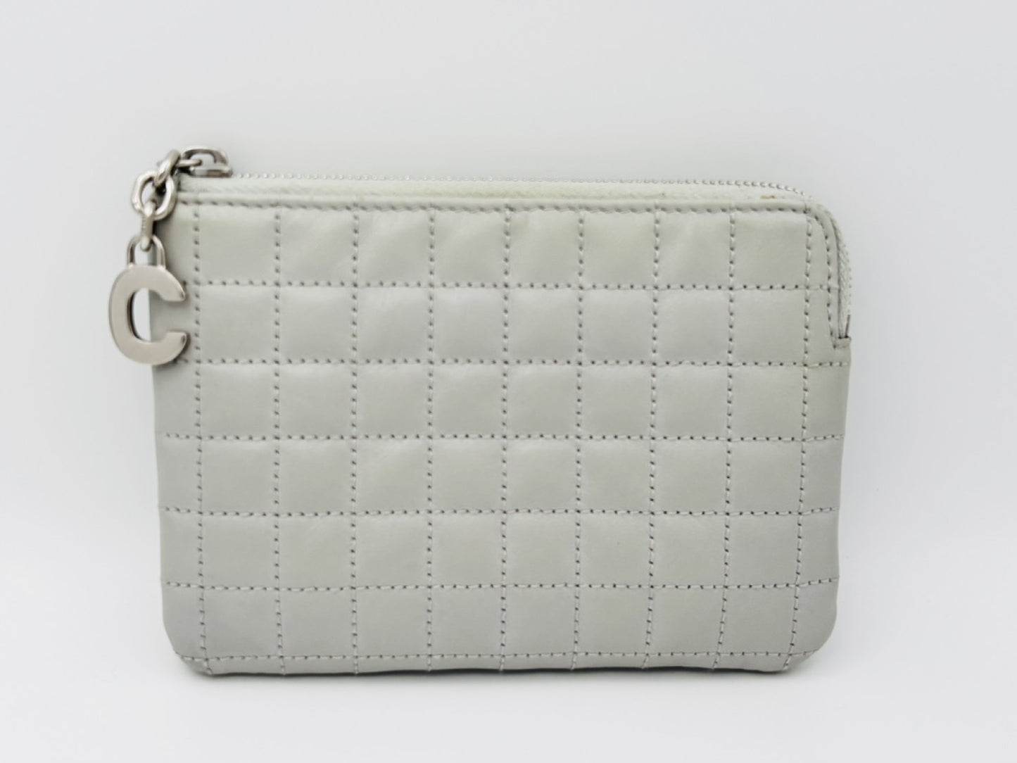 CELINE C Charm Quilted Calfskin Leather Coin Case, Light Grey