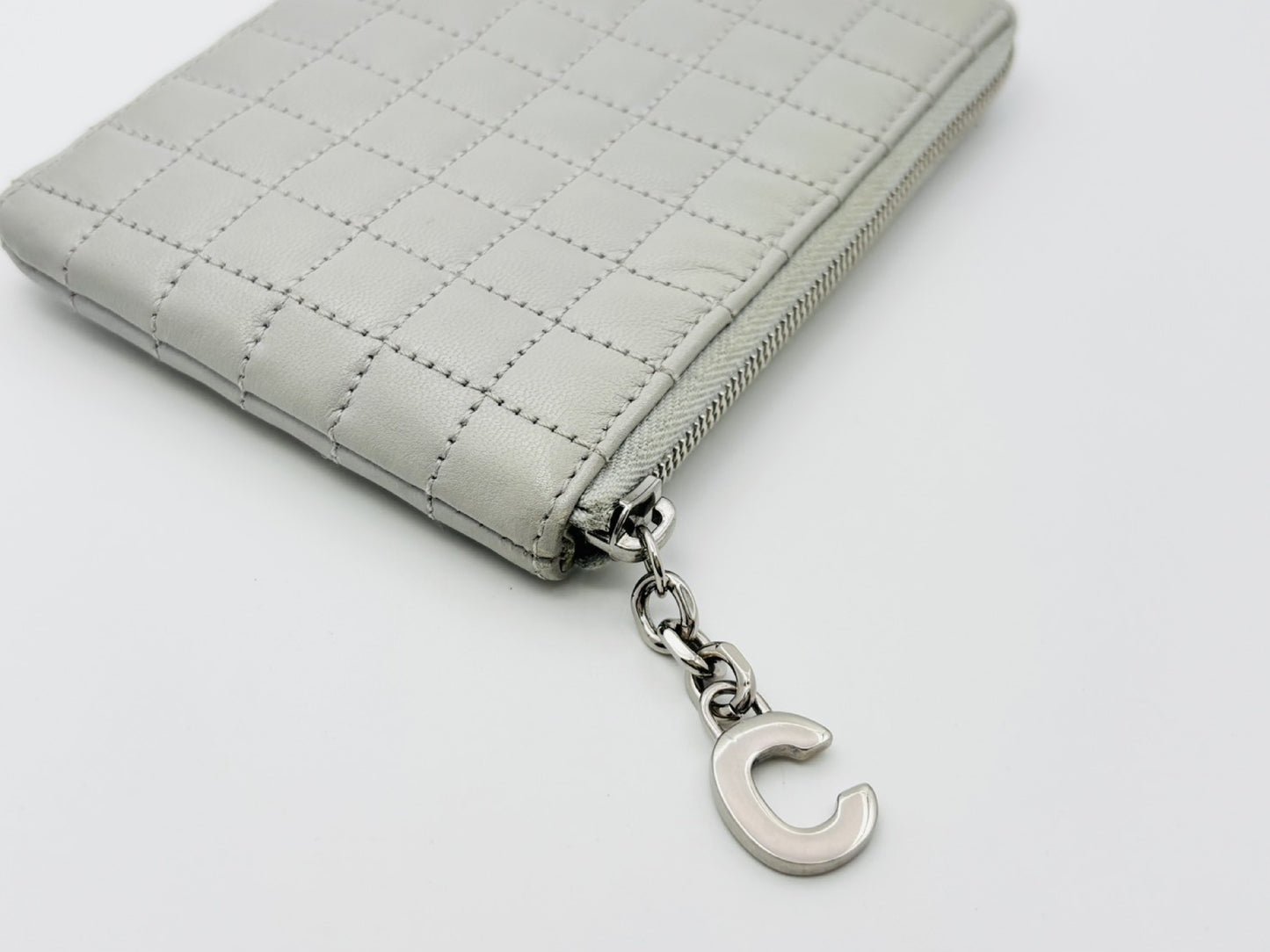 CELINE C Charm Quilted Calfskin Leather Coin Case, Light Grey