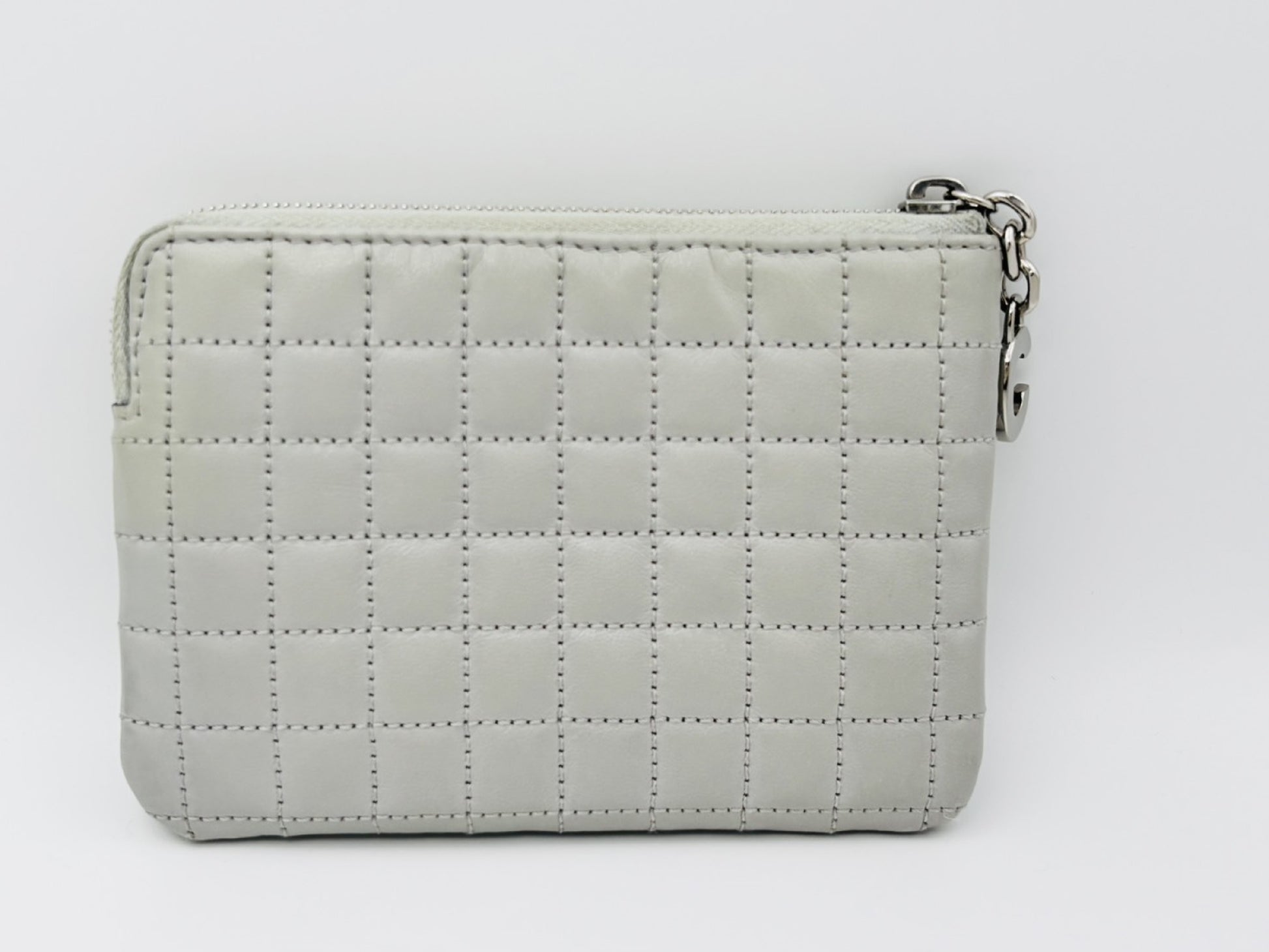 CELINE C Charm Quilted Calfskin Leather Coin Case, Light Grey