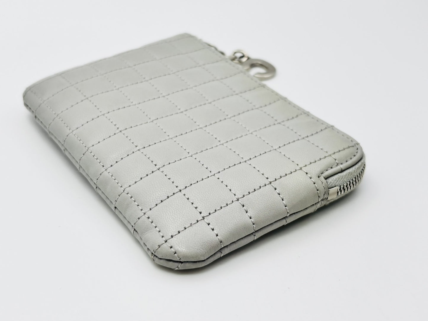 CELINE C Charm Quilted Calfskin Leather Coin Case, Light Grey