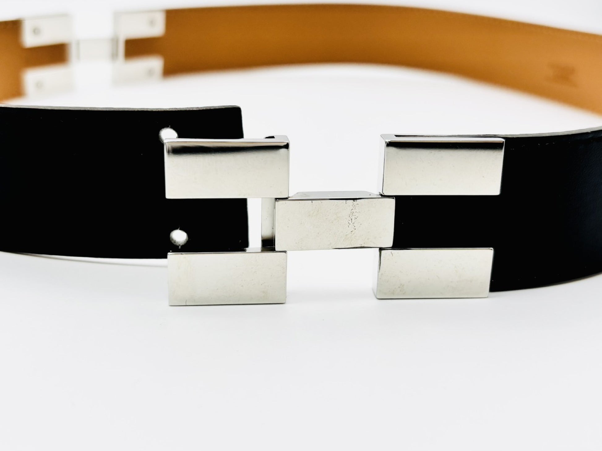 HERMES Leather Belt Size 38 □I Stamp Black x Silver Belt