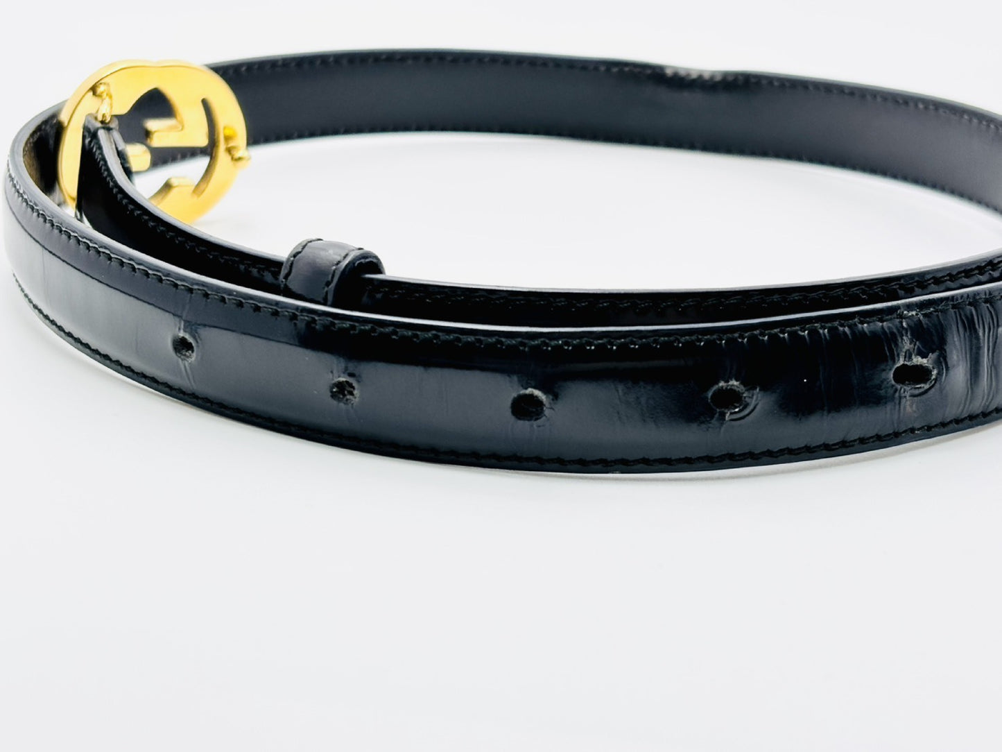 GUCCI 036, 1046, 0980 Interlocking G Leather Belt 70/28 Black x Gold Belt