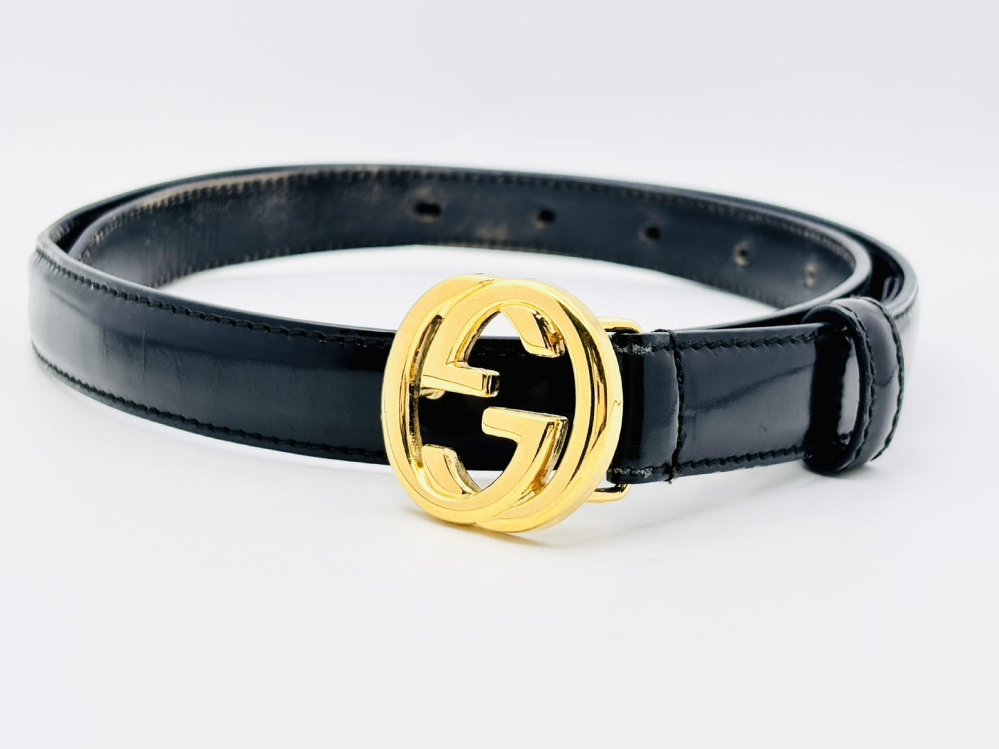 GUCCI 036, 1046, 0980 Interlocking G Leather Belt 70/28 Black x Gold Belt
