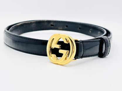 GUCCI 036, 1046, 0980 Interlocking G Leather Belt 70/28 Black x Gold Belt