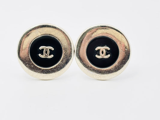 CHANEL Coco Mark Round Earrings 97A Black x Silver Earrings