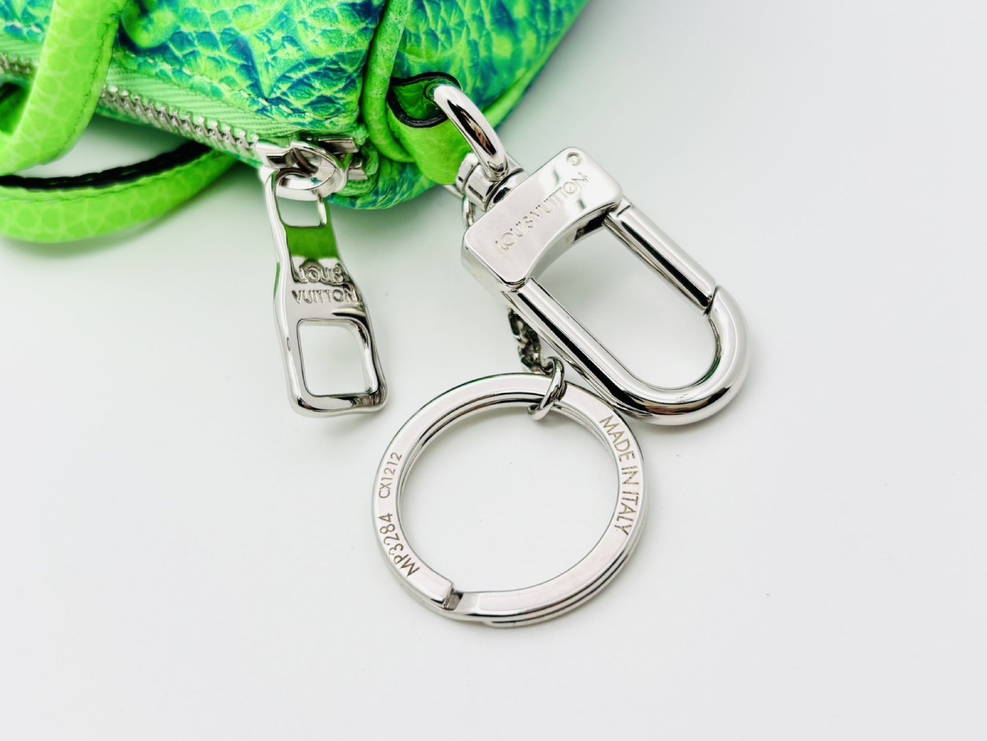 LOUIS VUITTON MP3284 Porte-Clés Mini Keepall Pouch with Charm and Key Ring, Monogram Embossed, Green and Blue, CX1212 Key Case/Key Holder