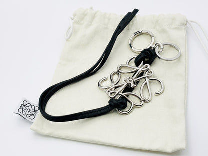 LOEWE Anagram Charm Key Ring, Metal and Leather, Silver and Black, Key Case/Key Holder