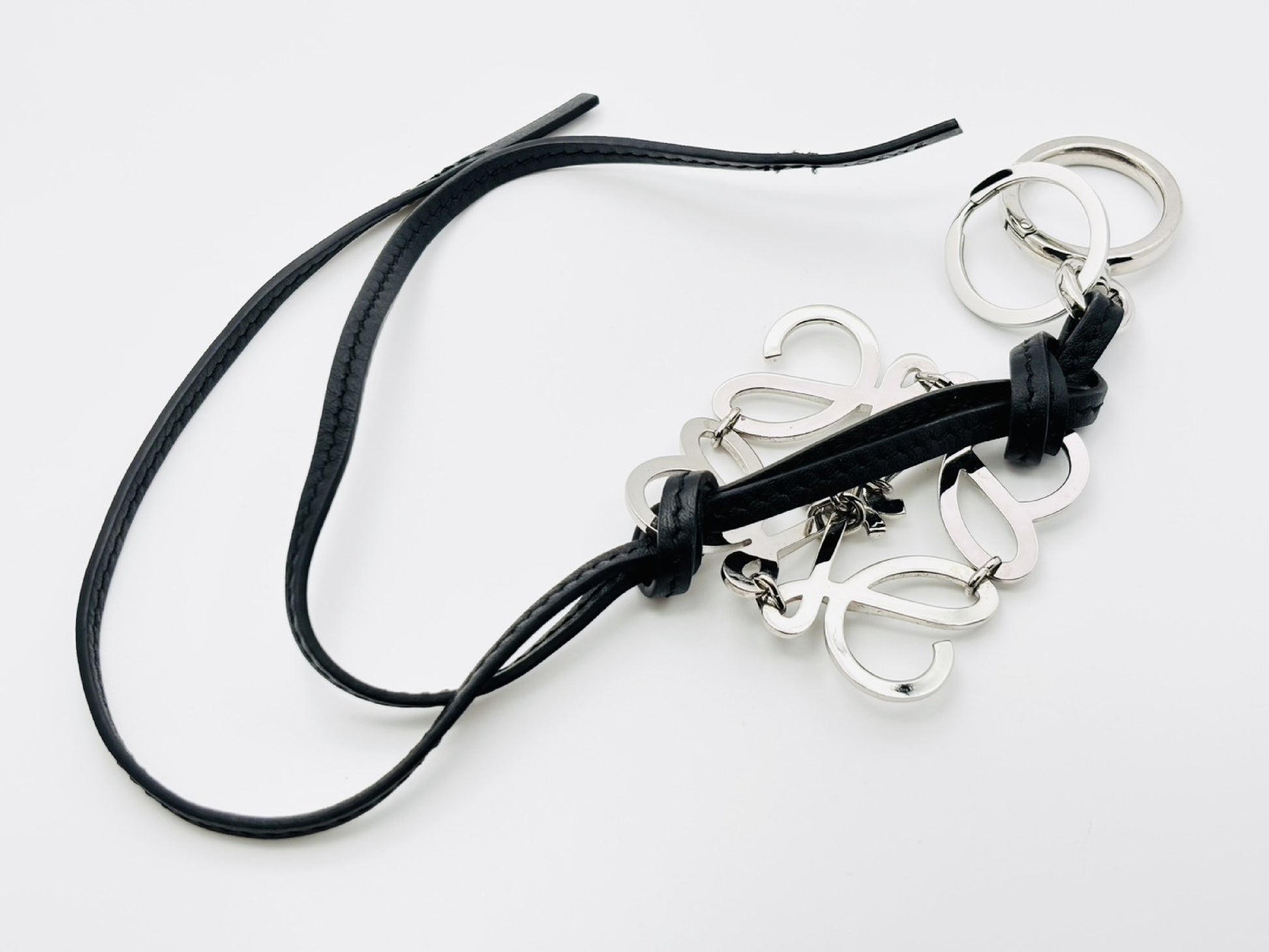 LOEWE Anagram Charm Key Ring, Metal and Leather, Silver and Black, Key Case/Key Holder