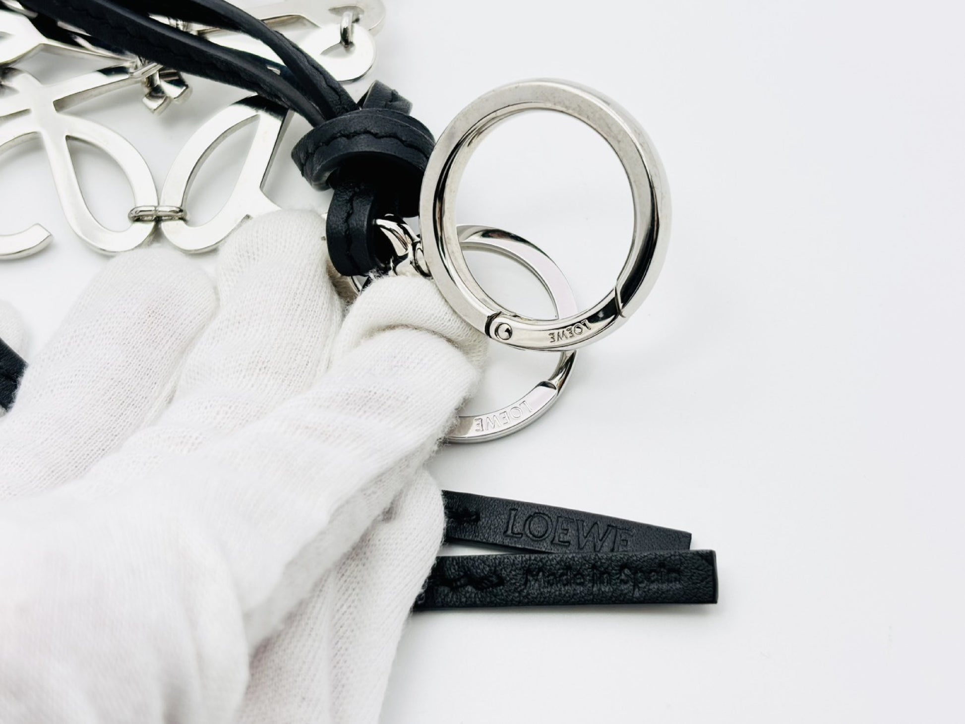 LOEWE Anagram Charm Key Ring, Metal and Leather, Silver and Black, Key Case/Key Holder