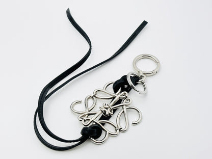 LOEWE Anagram Charm Key Ring, Metal and Leather, Silver and Black, Key Case/Key Holder
