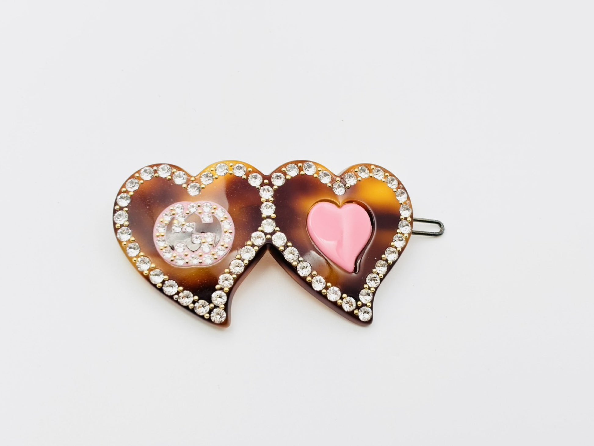 GUCCI Gucci Interlocking G Heart Rhinestone Hairpin Barrette Resin Brown Hair Accessory