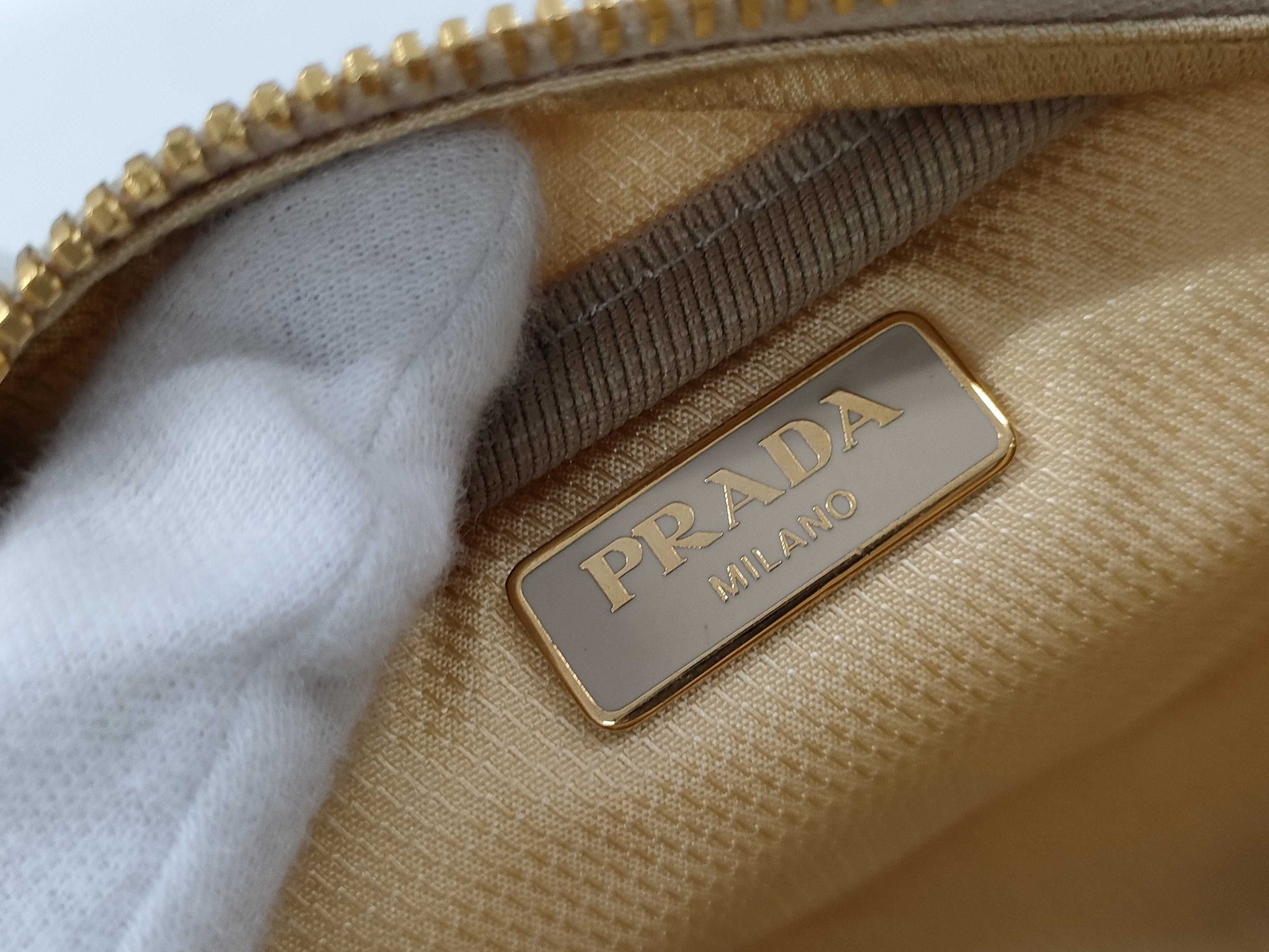 PRADA logo plate pouch, nylon, beige
