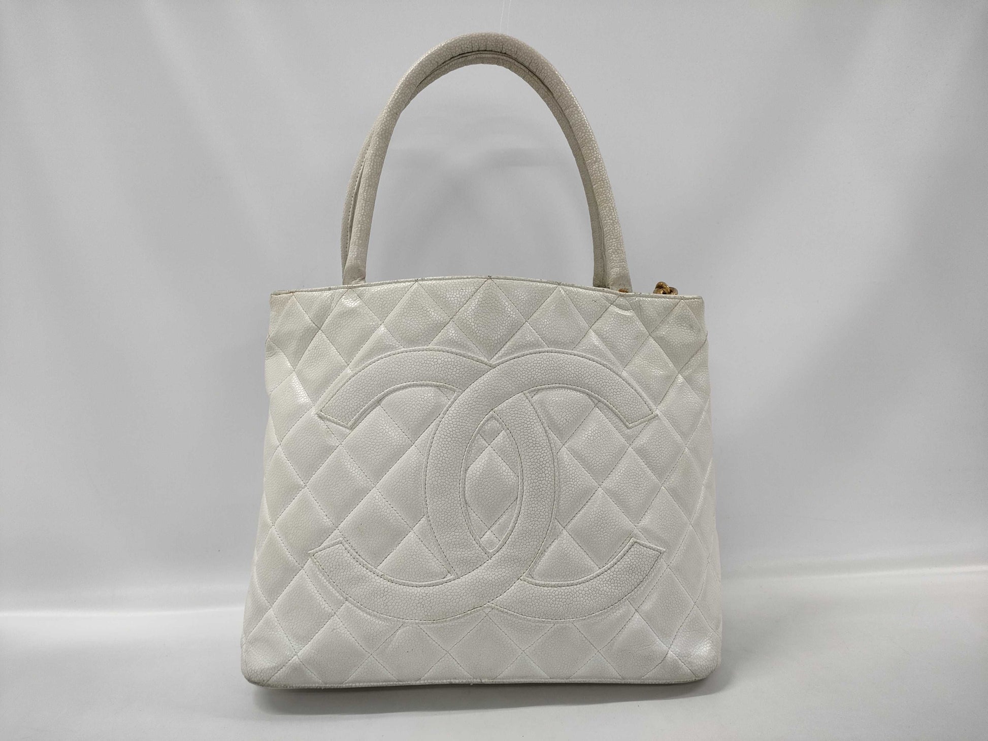 CHANEL Coco Mark Caviar Skin Tote Bag White Tote Bag