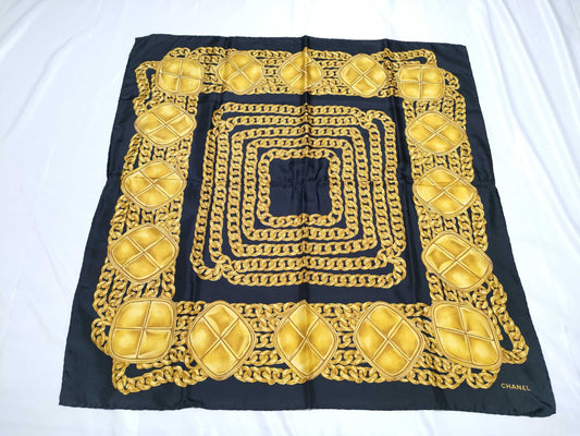 CHANEL Silk Scarf Black x Gold Scarf