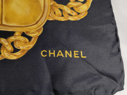 CHANEL Silk Scarf Black x Gold Scarf