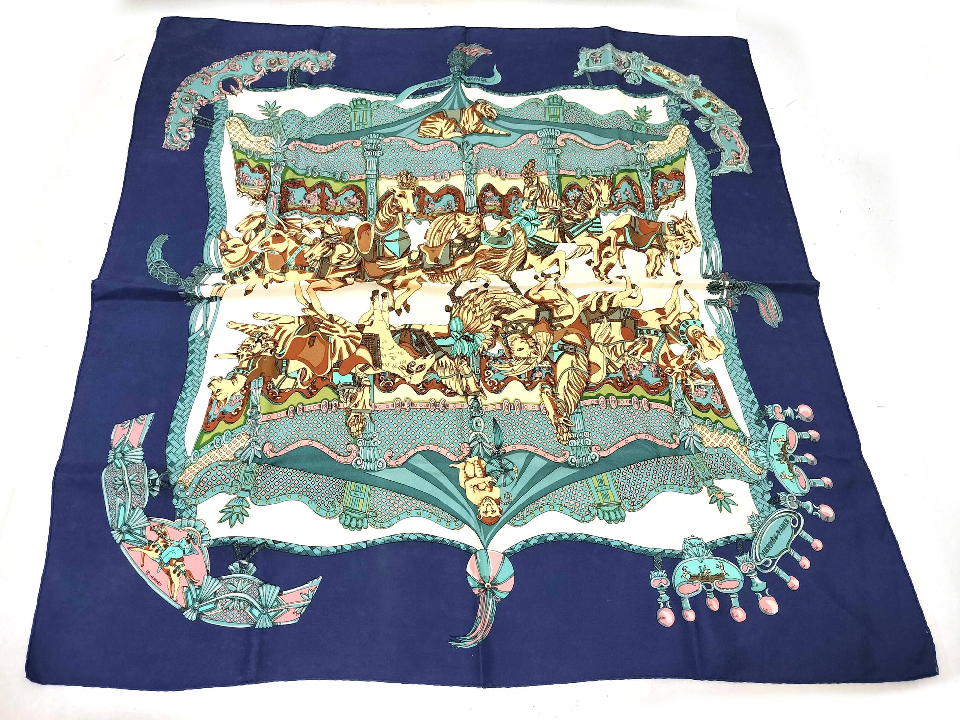 HERMES Carre 90 TOURNEZMANEGE Silk Scarf Blue Other Accessories