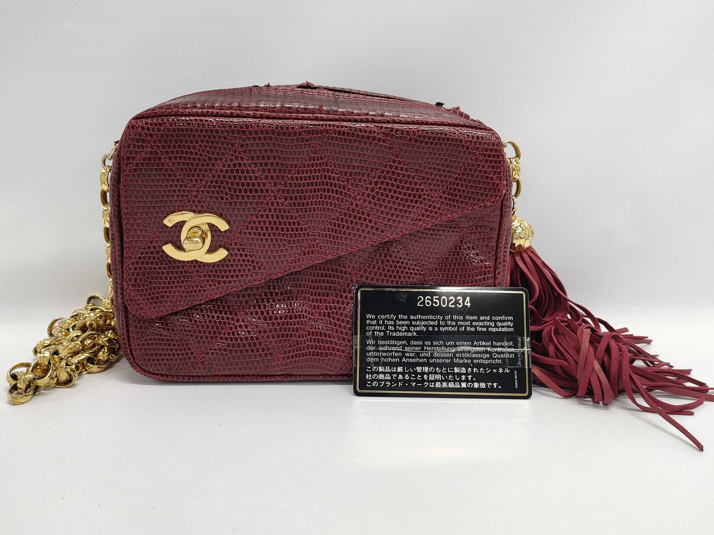 CHANEL Matelasse Lizard Fringe Jeweled Chain Shoulder Bag with Seal Card